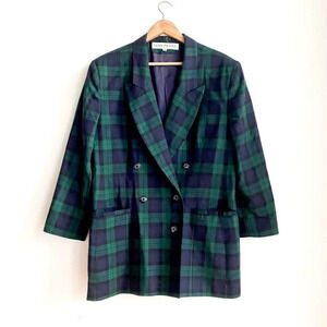 Vintage Evan Picone All Wool Black-watch  Plaid Double Breasted Blazer 16